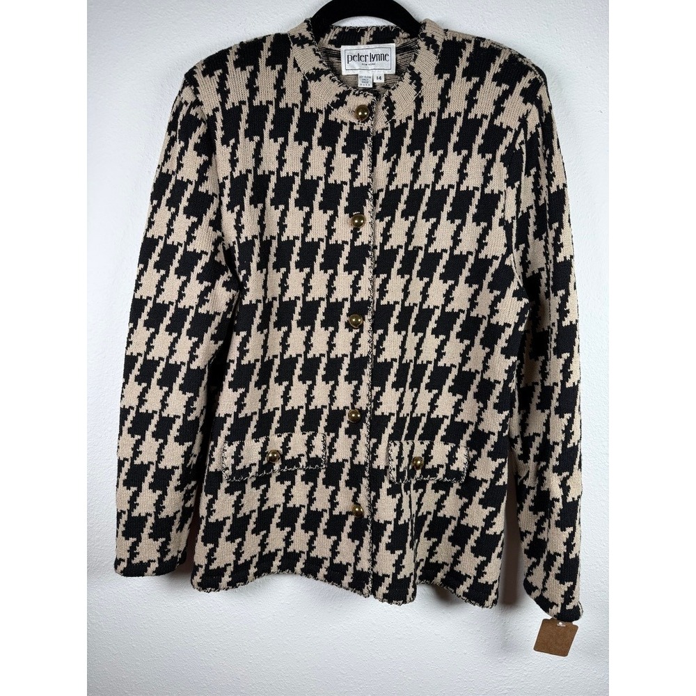 Peter Lynne New York Vintage Houndstooth Knit Cardigan Jacket Gold Buttons 14